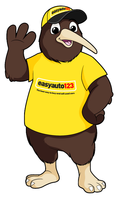 Cartoon Kiwi mascot waving and smiling, wearing an easyauto123 uniform.